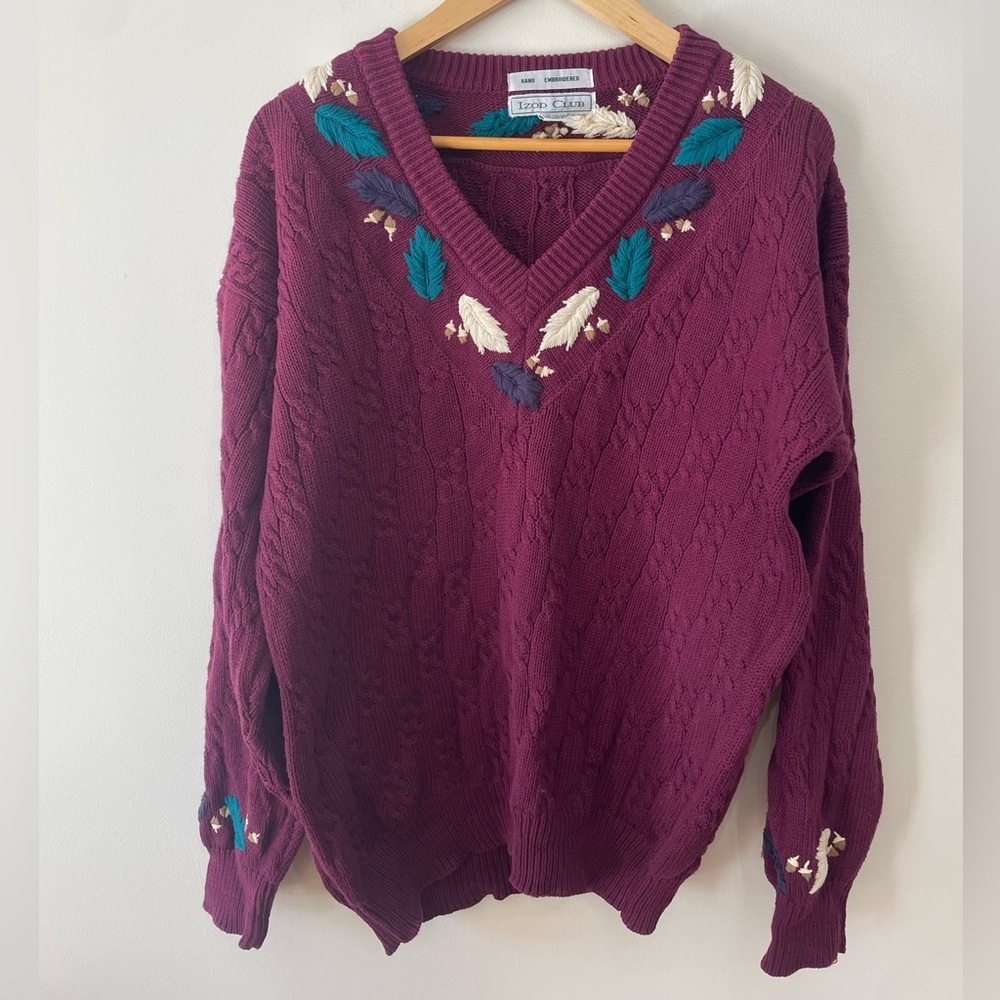 Vtg Izod Club Cable Knit Sweater V-Neck Hand Embroidered Burgundy Women’s L